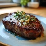 A perfectly cooked, juicy steak topped with garlic butter and fresh herbs, ready for an indulgent garlic butter steak recipe.