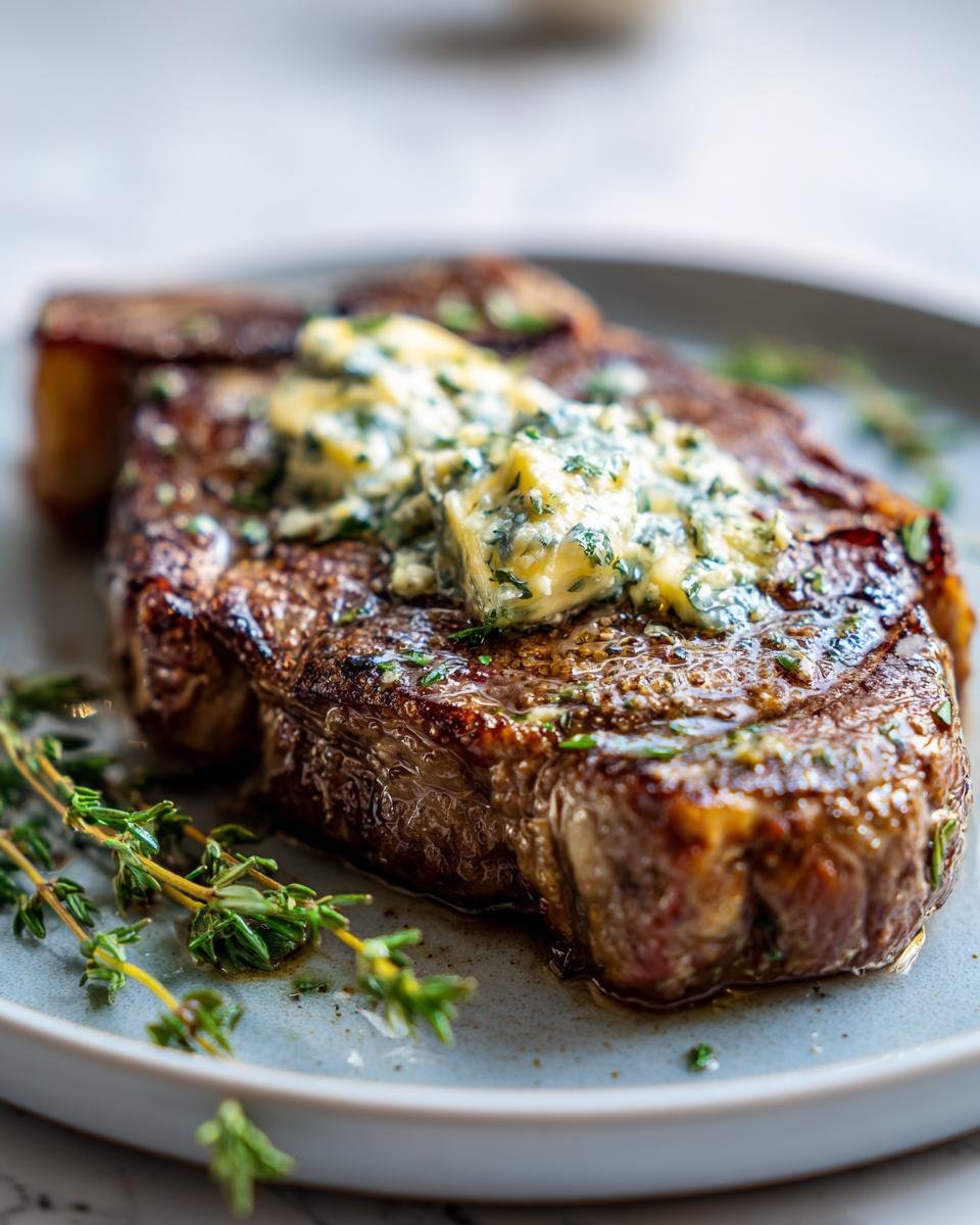 A perfectly cooked steak topped with melting garlic butter and fresh herbs, part of an indulgent garlic butter steak recipe.