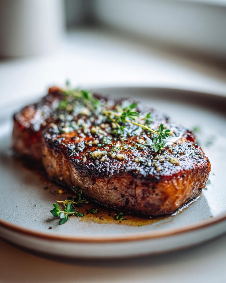 Close-up of an indulgent garlic butter steak, perfectly seared and topped with fresh herbs and garlic.