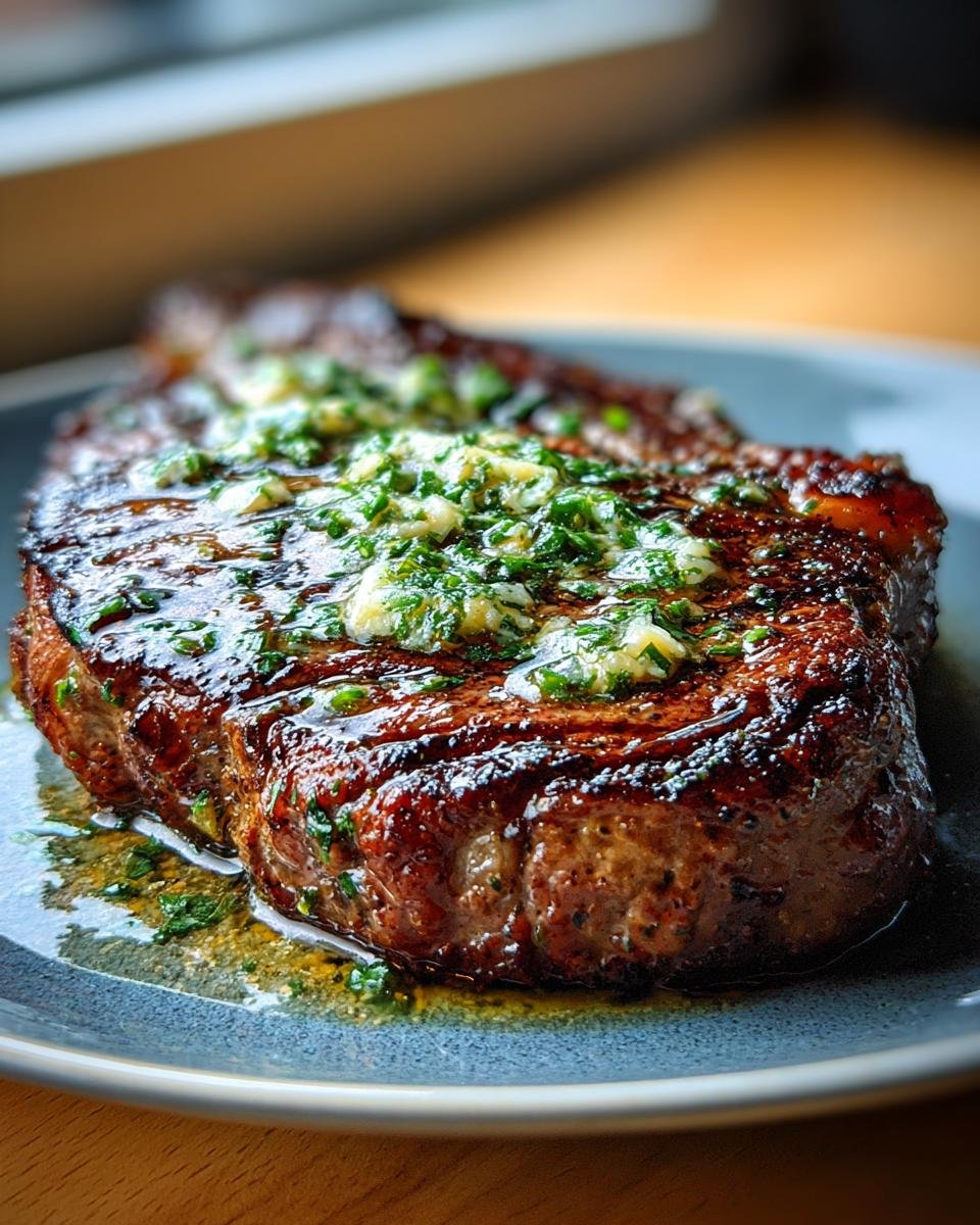 Close-up of a perfectly cooked, juicy steak topped with garlic butter and fresh herbs from our Indulgent Garlic Butter Steak Recipe.
