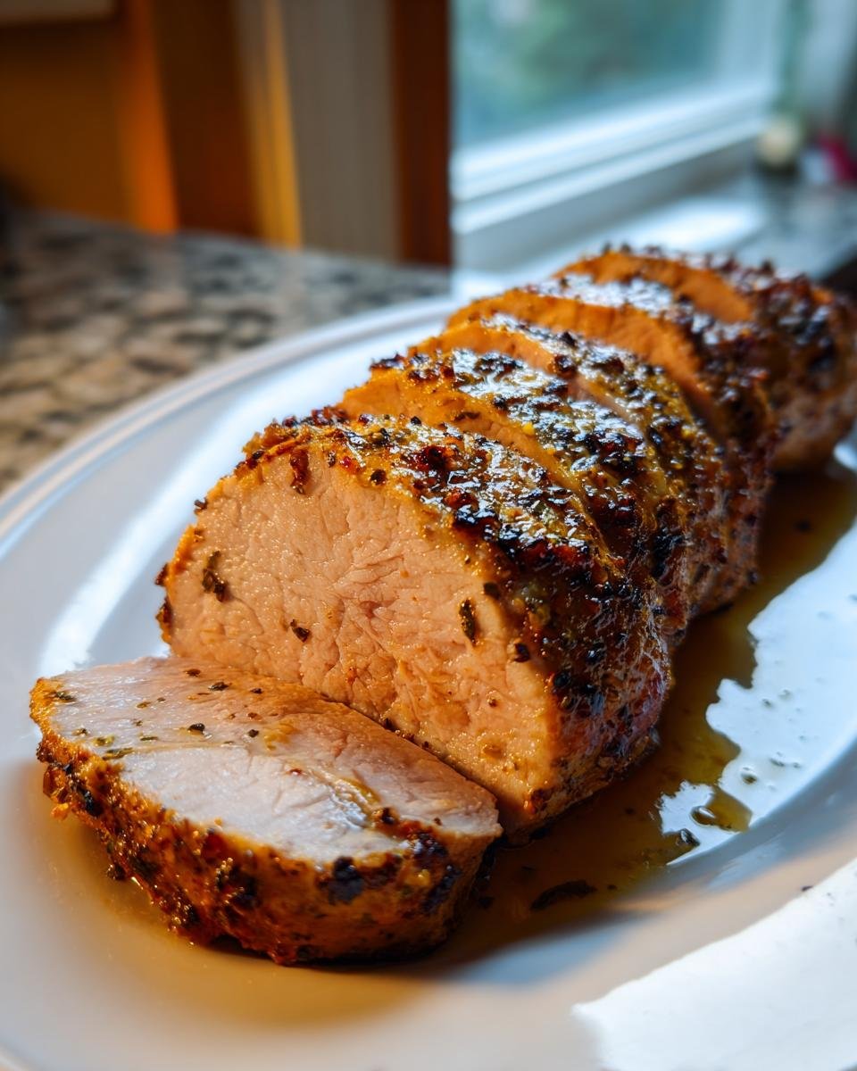 A beautifully sliced Instant Pot Garlic Pork Tenderloin with a seasoned, browned crust resting in its juices.