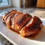 Close-up of sliced Instant Pot Garlic Pork Tenderloin, showing a juicy interior and a dark, seasoned glaze.