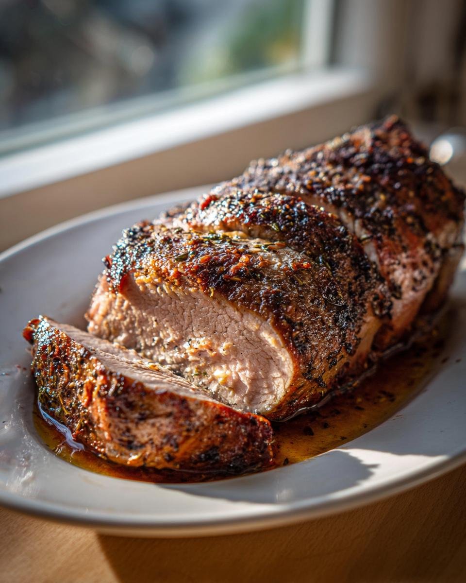 A sliced Instant Pot Garlic Pork Tenderloin with a heavily seasoned, browned crust resting in its juices on a white plate.
