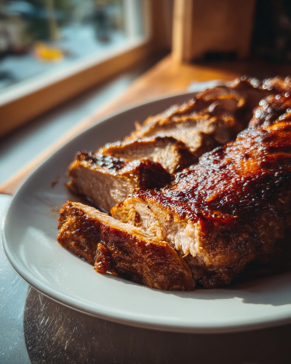 Close-up of sliced Instant Pot Garlic Pork Tenderloin with a caramelized glaze, served on a white plate.