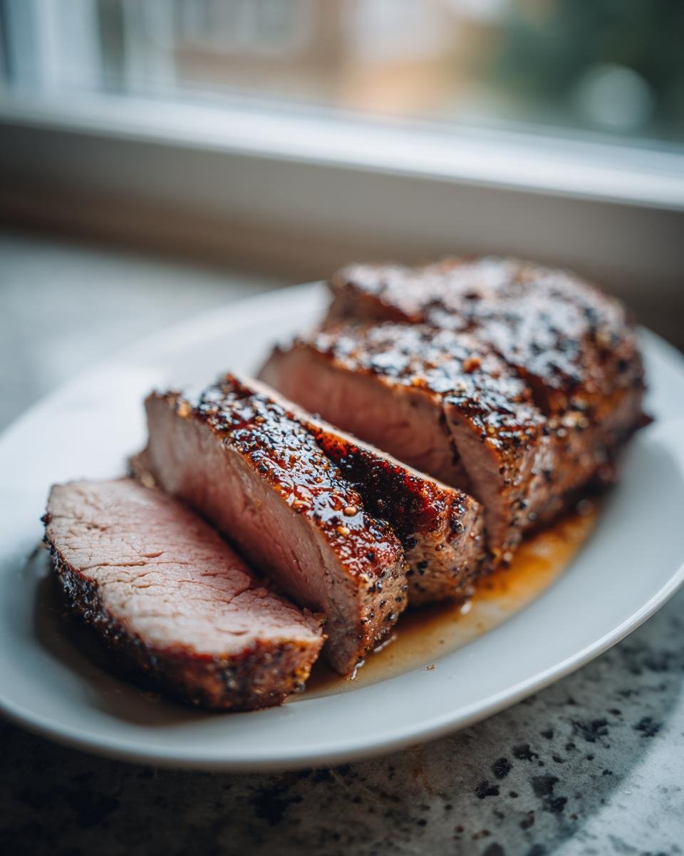 Close-up of perfectly cooked Instant Pot Garlic Pork Tenderloin, sliced to show juicy pink center and seasoned crust.