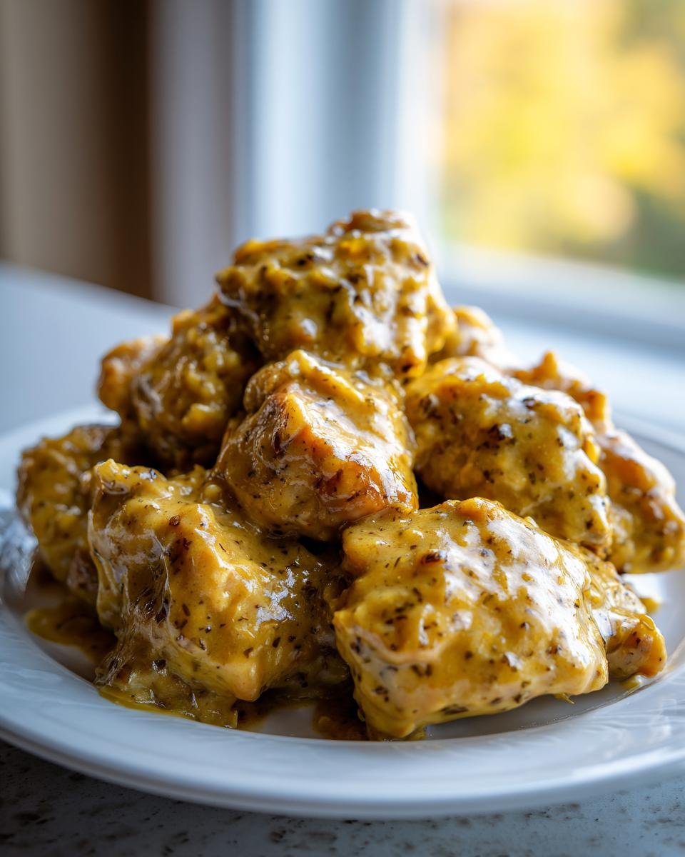A mound of tender chicken pieces coated in thick, creamy honey mustard sauce, ready to eat Instant Pot Honey Mustard Chicken.