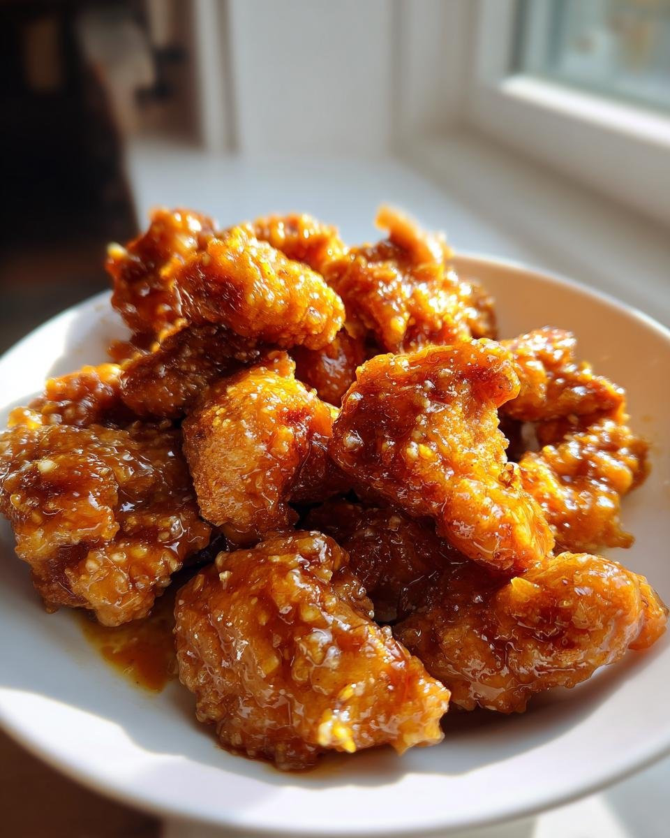 Close-up of crispy chicken pieces coated in a thick, glossy honey mustard sauce, ready to eat.
