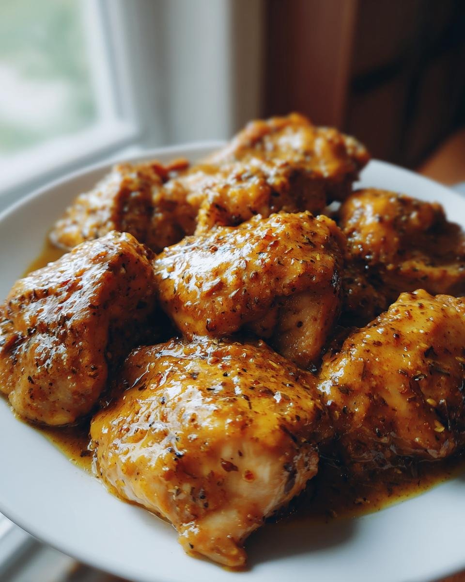 Close-up of several pieces of glazed Instant Pot Honey Mustard Chicken served on a white plate.