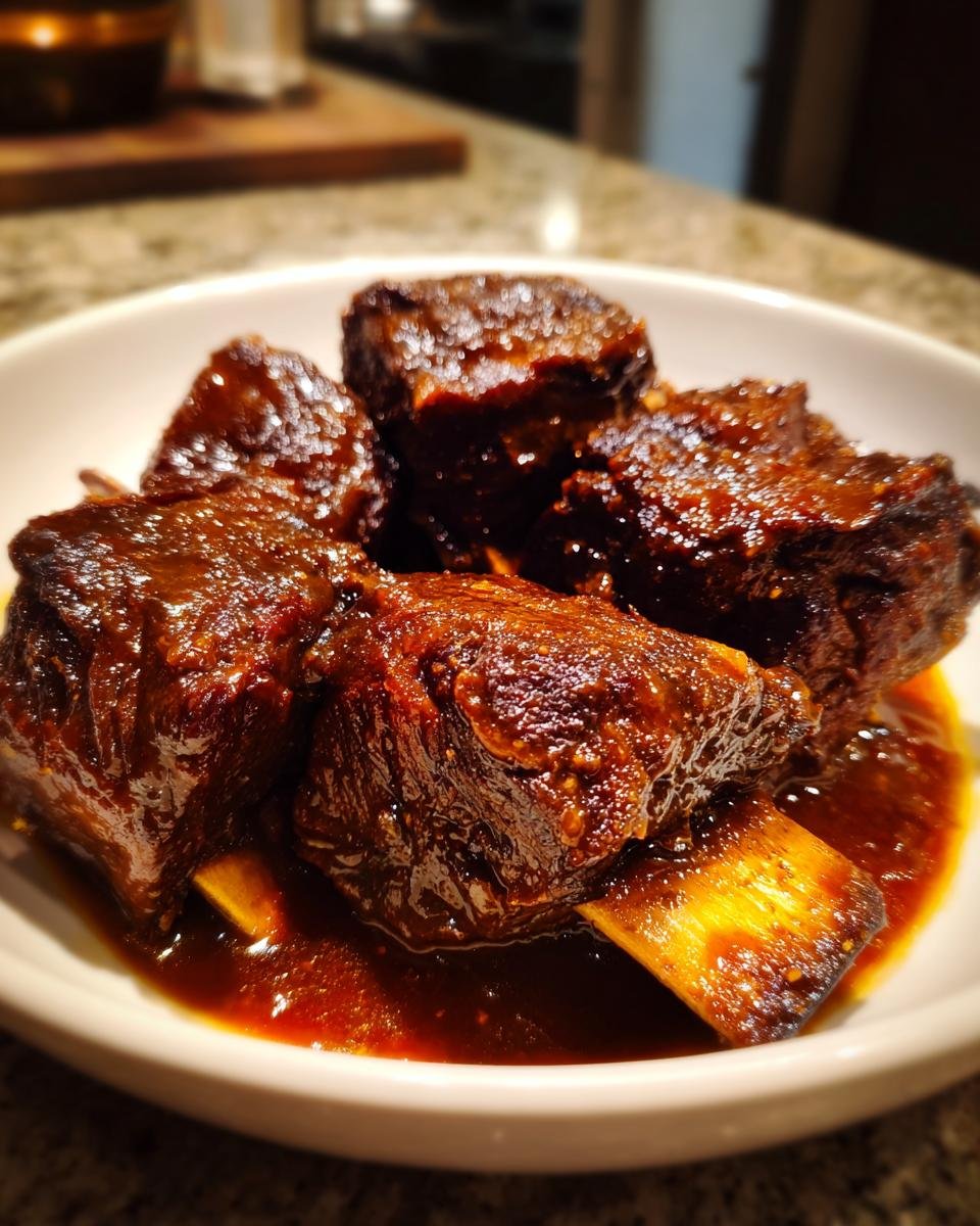 Close-up of tender, glazed Instant Pot Short Ribs served in a white bowl with rich sauce.