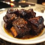 Close-up of tender, glazed Instant Pot Short Ribs served in a rich brown sauce on a white dish.