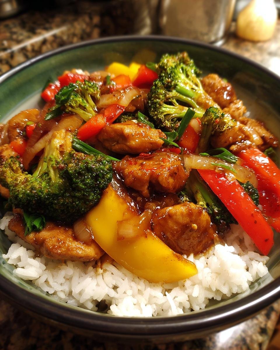 A close-up of an Irresistible Asian Stir Fry served over fluffy white rice in a bowl, featuring chicken, broccoli, bell peppers, and onions in a savory sauce.
