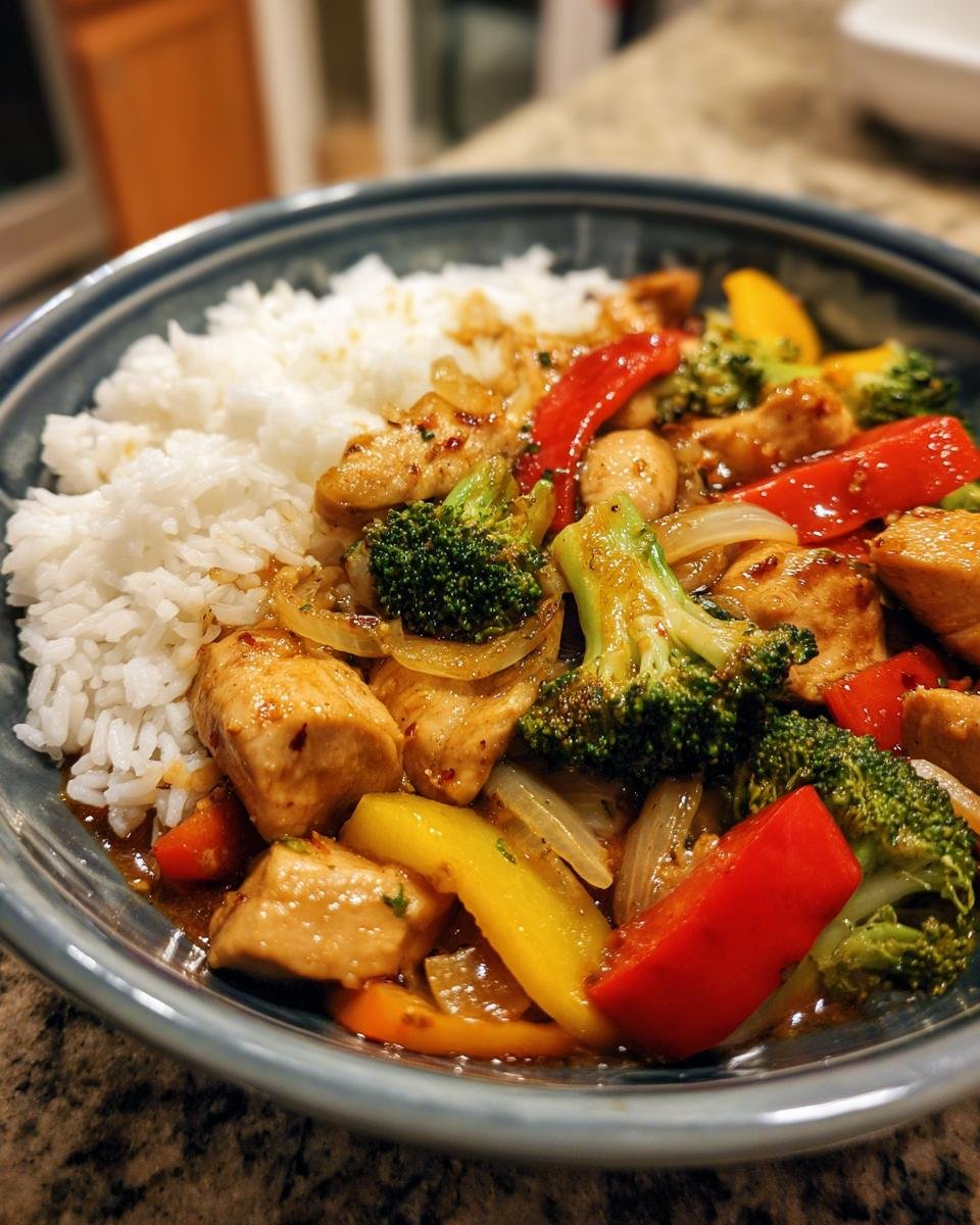 A close-up of Irresistible Asian Stir Fry with tender chicken, broccoli, bell peppers, and onions served over fluffy white rice.