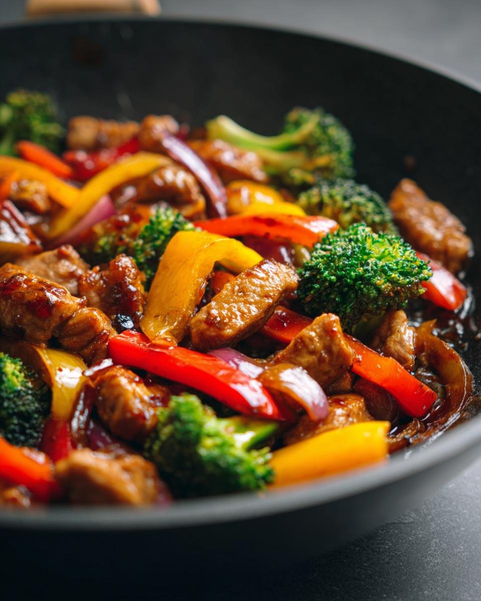 Close-up of Irresistible Asian Stir Fry with tender beef, broccoli, bell peppers, and red onion in a glossy sauce.