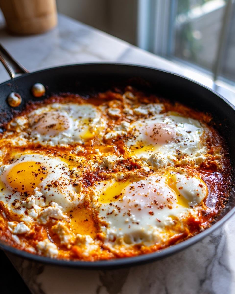 Close-up of Irresistible Baked Feta Eggs in a skillet, with runny yolks and crumbled feta cheese.