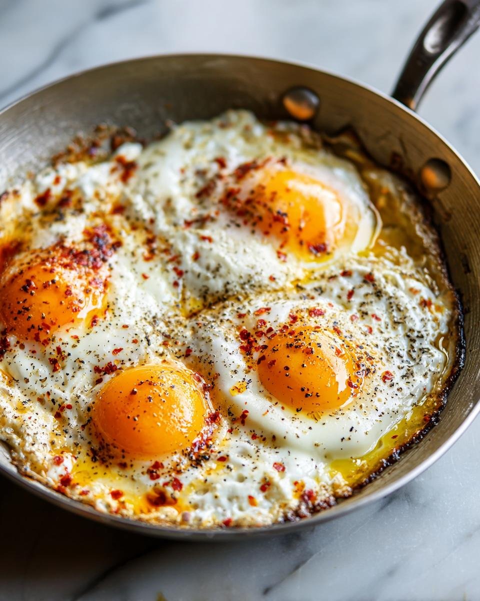 Close-up of four sunny-side-up eggs baked in a skillet with feta cheese, seasoned with chili flakes and black pepper.