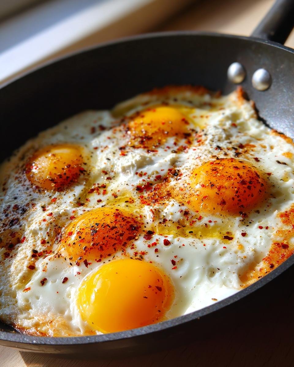 Close-up of irresistible baked feta eggs in a skillet, seasoned with red pepper flakes and black pepper.