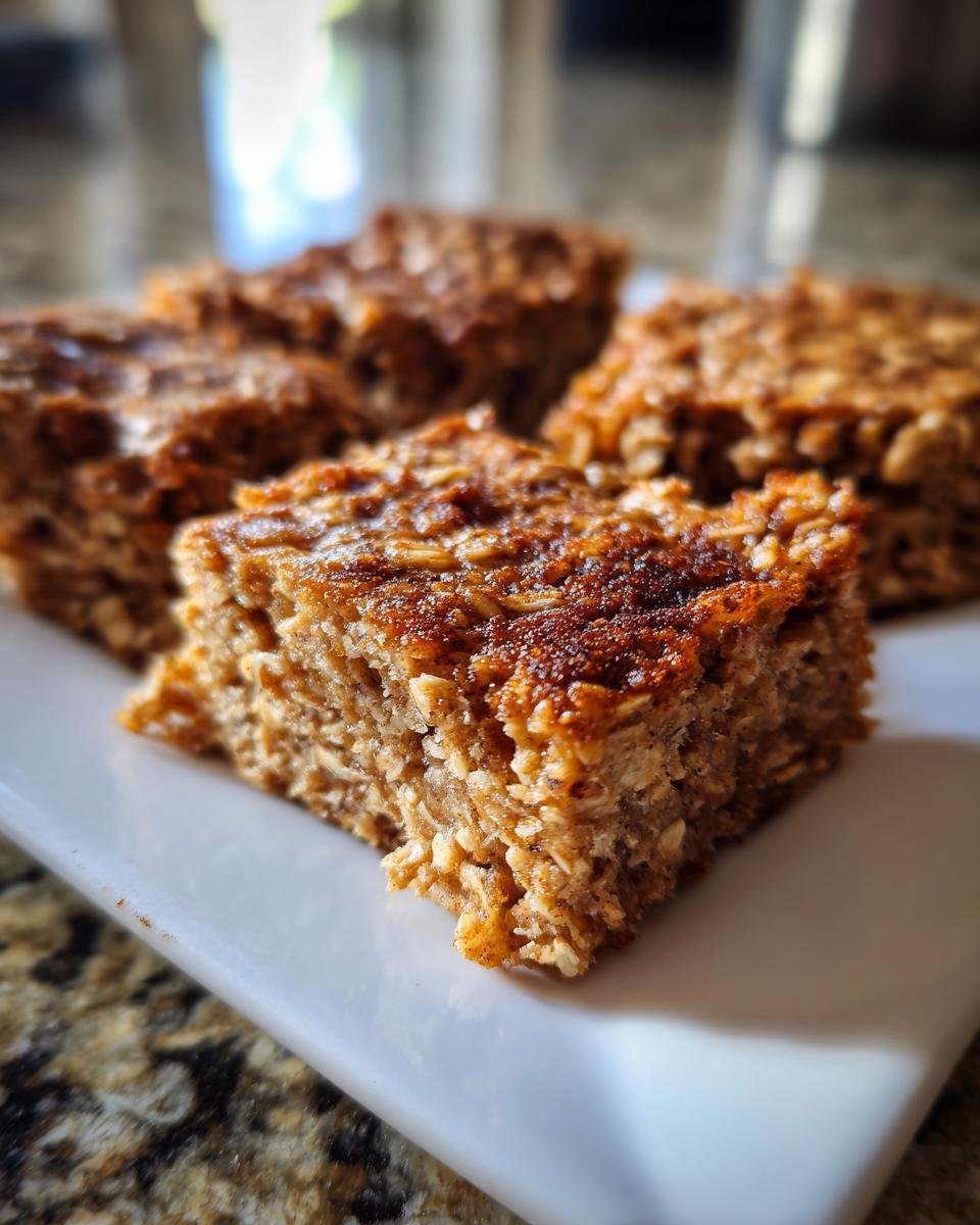 Close-up of a plate with several Irresistible Banana Oatmeal Bars, showing the texture of oats and banana.