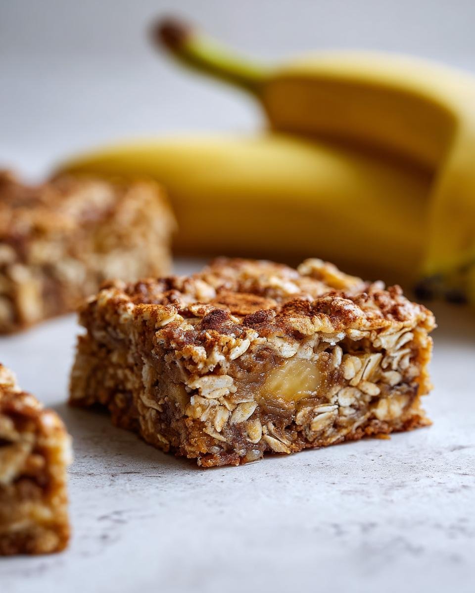 Close-up of an Irresistible Banana Oatmeal Bar showing layers of oats, banana slices, and cinnamon topping.