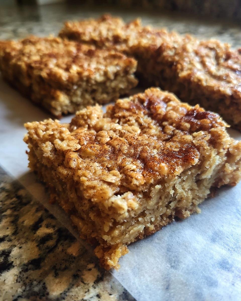 Close-up of a slice of Irresistible Banana Oatmeal Bars, dusted with cinnamon.
