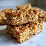 Close-up of two Irresistible Banana Oatmeal Bars stacked, showing texture of oats and banana, dusted with cinnamon.