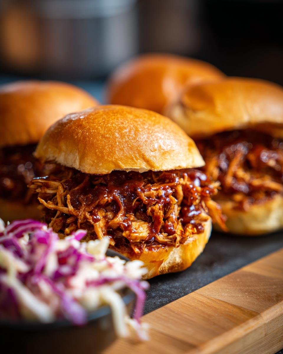 Close-up of irresistible BBQ chicken sliders piled high with shredded chicken and sauce, served with coleslaw.