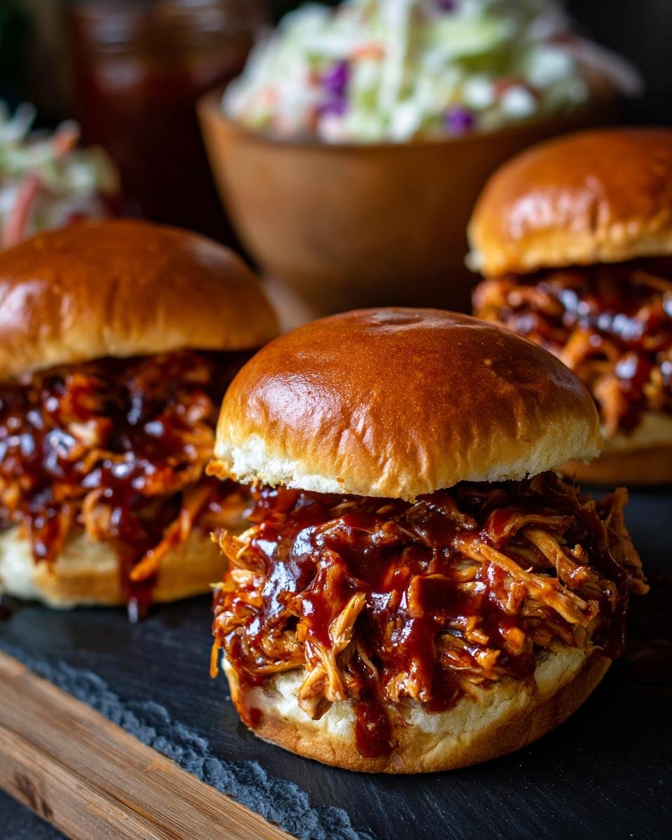 Close-up of Irresistible BBQ Chicken Sliders piled high with shredded chicken and dripping with BBQ sauce.