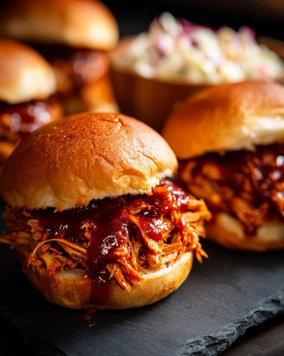 Close-up of irresistible BBQ chicken sliders piled high with shredded chicken and BBQ sauce.