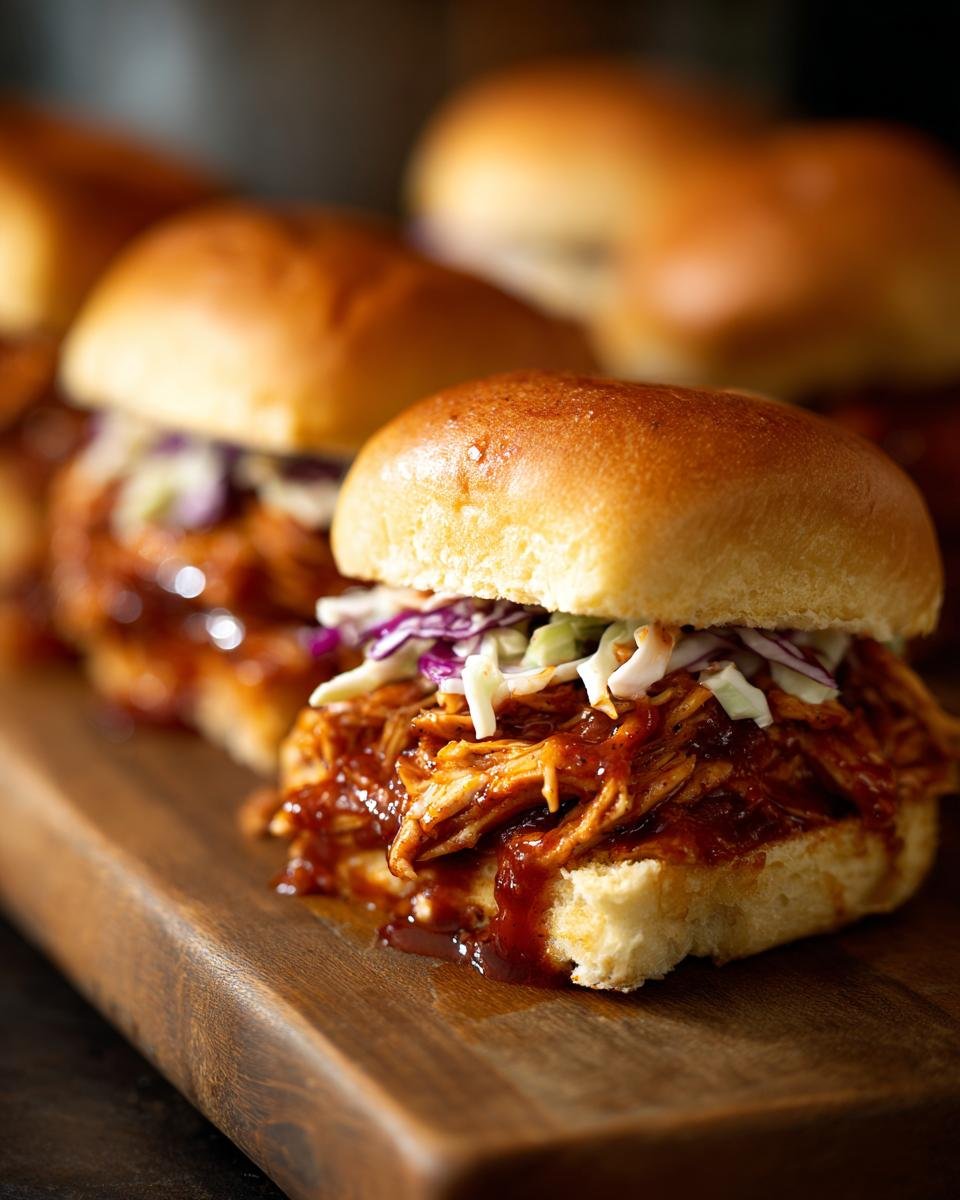 Close-up of Irresistible BBQ Chicken Sliders topped with coleslaw on a wooden board.