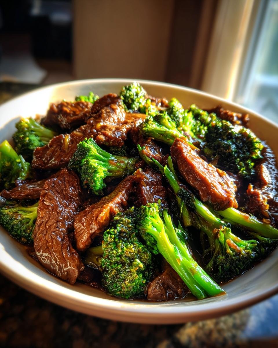A close-up of an Irresistible Beef and Broccoli Stir Fry in a white bowl, featuring tender beef slices and vibrant green broccoli florets coated in a glossy sauce.