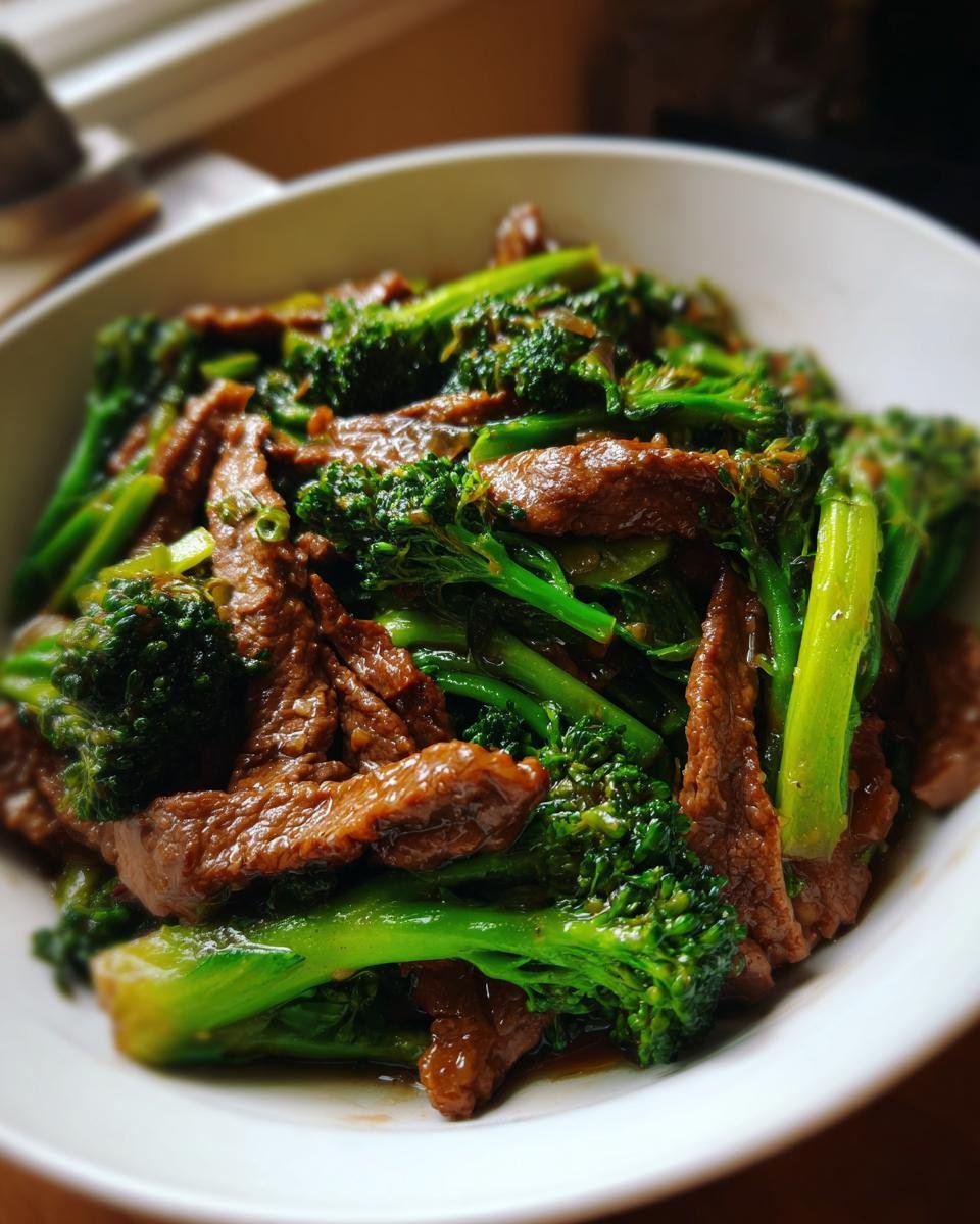 A close-up of Irresistible Beef and Broccoli Stir Fry in a white bowl, showcasing tender beef strips and vibrant broccoli florets in a glossy sauce.