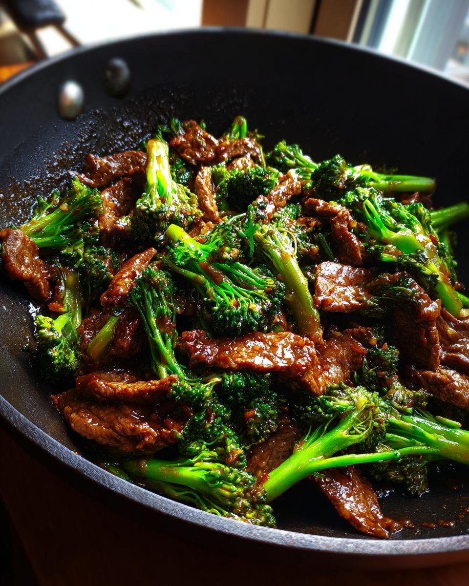 Close-up of Irresistible Beef and Broccoli Stir Fry cooked in a black pan, glistening with sauce.