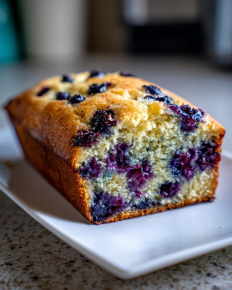 A close-up of an Irresistible Blueberry Zucchini Bread loaf, packed with juicy blueberries.