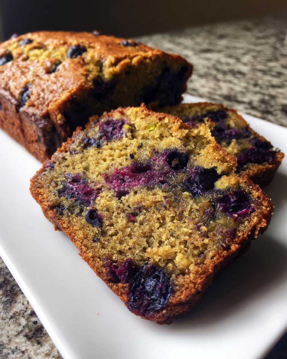 Close-up of two slices of Irresistible Blueberry Zucchini Bread, showcasing plump blueberries and moist crumb.