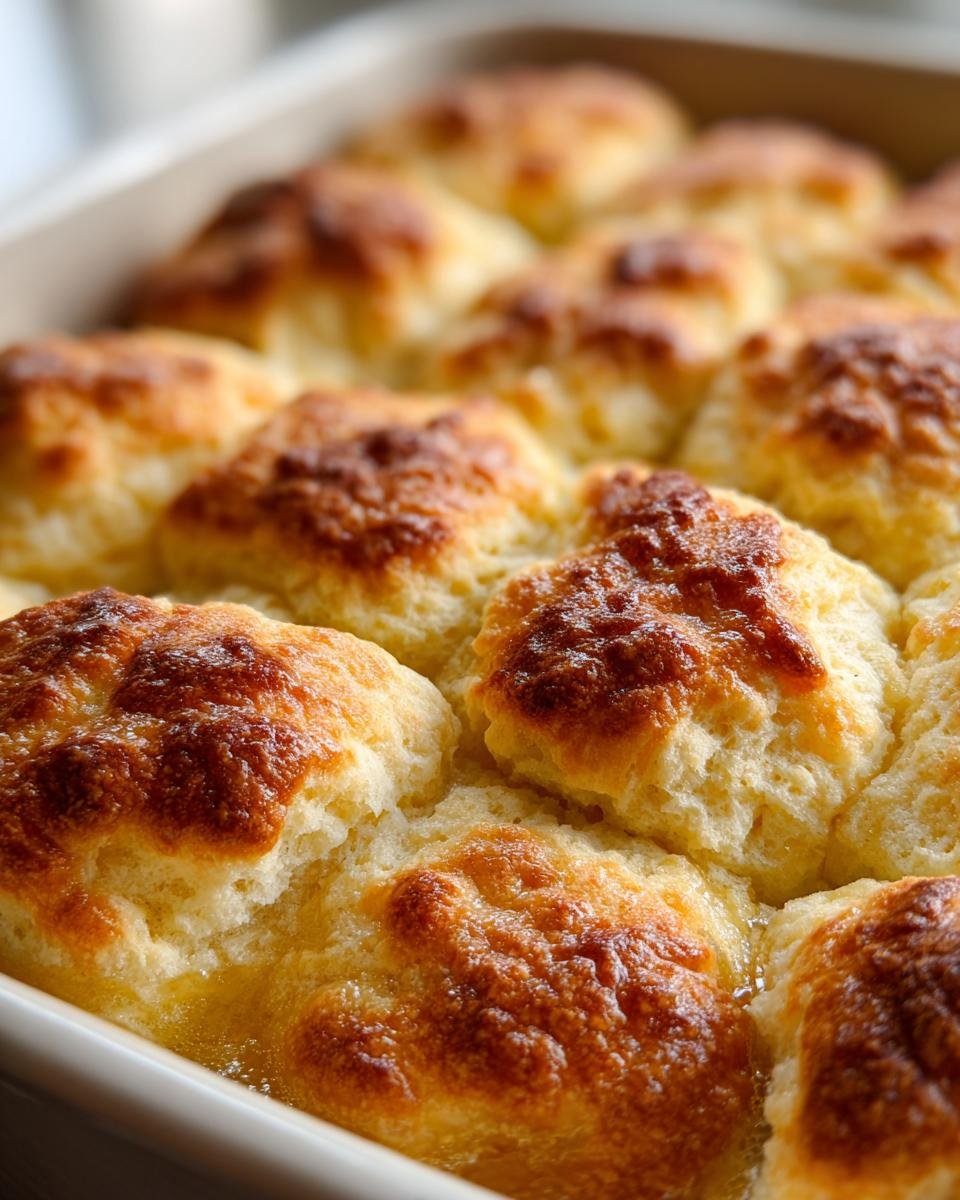 Close-up of golden brown Irresistible Breakfast Butter Swim Biscuits baked in a white dish, with visible butter.
