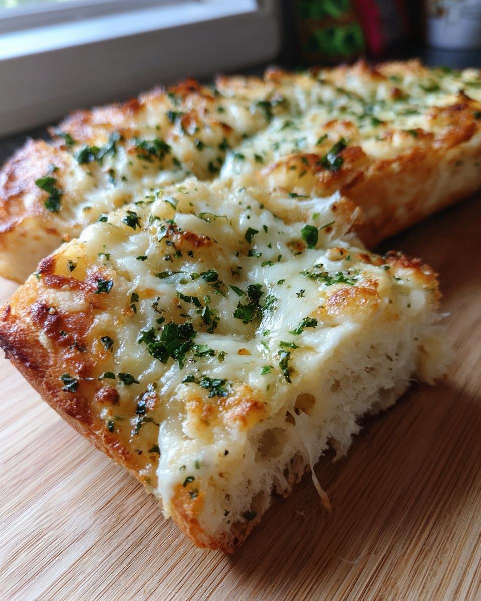 Close-up of a slice of irresistible cheesy garlic bread, topped with melted cheese and parsley.