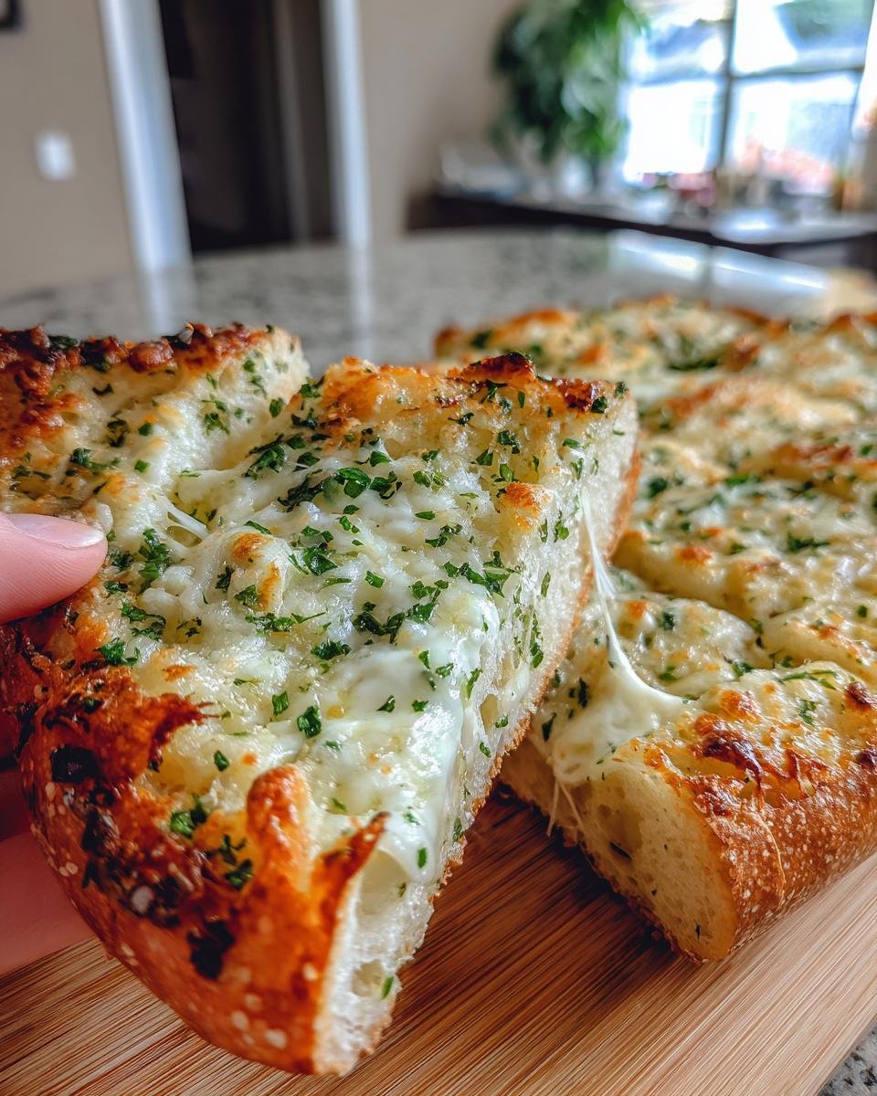 A hand holding a slice of Irresistible Cheesy Garlic Bread Recipe, showing melted cheese and fresh parsley.