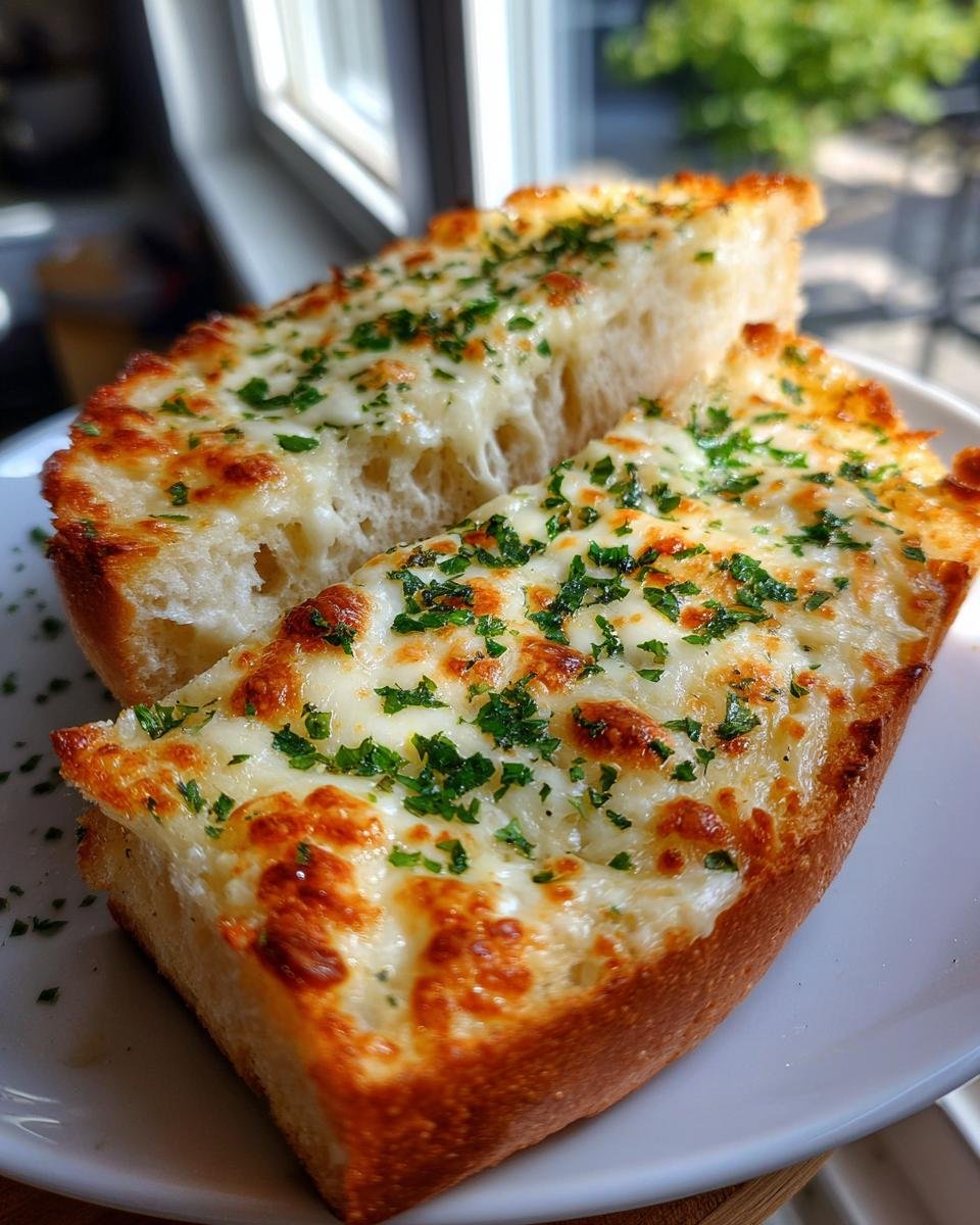 Two slices of Irresistible Cheesy Garlic Bread Recipe, topped with melted cheese and fresh parsley.