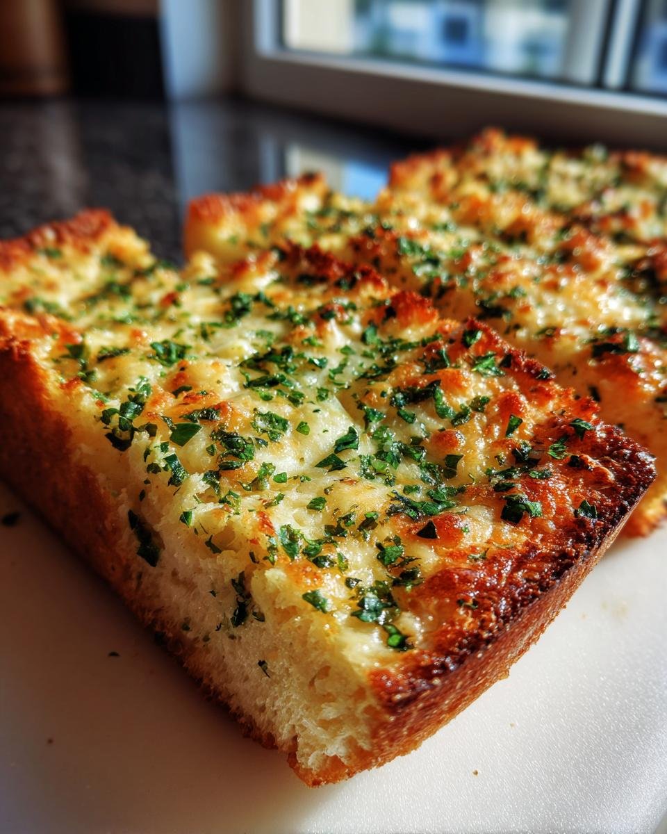 Close-up of slices of irresistible cheesy garlic bread, topped with melted cheese and fresh parsley.