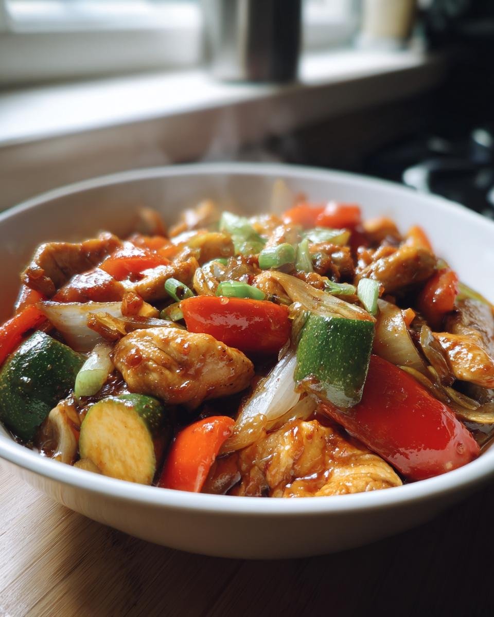 A bowl of Irresistible Chicken Stir Fry With Vegetables, featuring chicken pieces, zucchini, bell peppers, and onions in a glossy sauce.