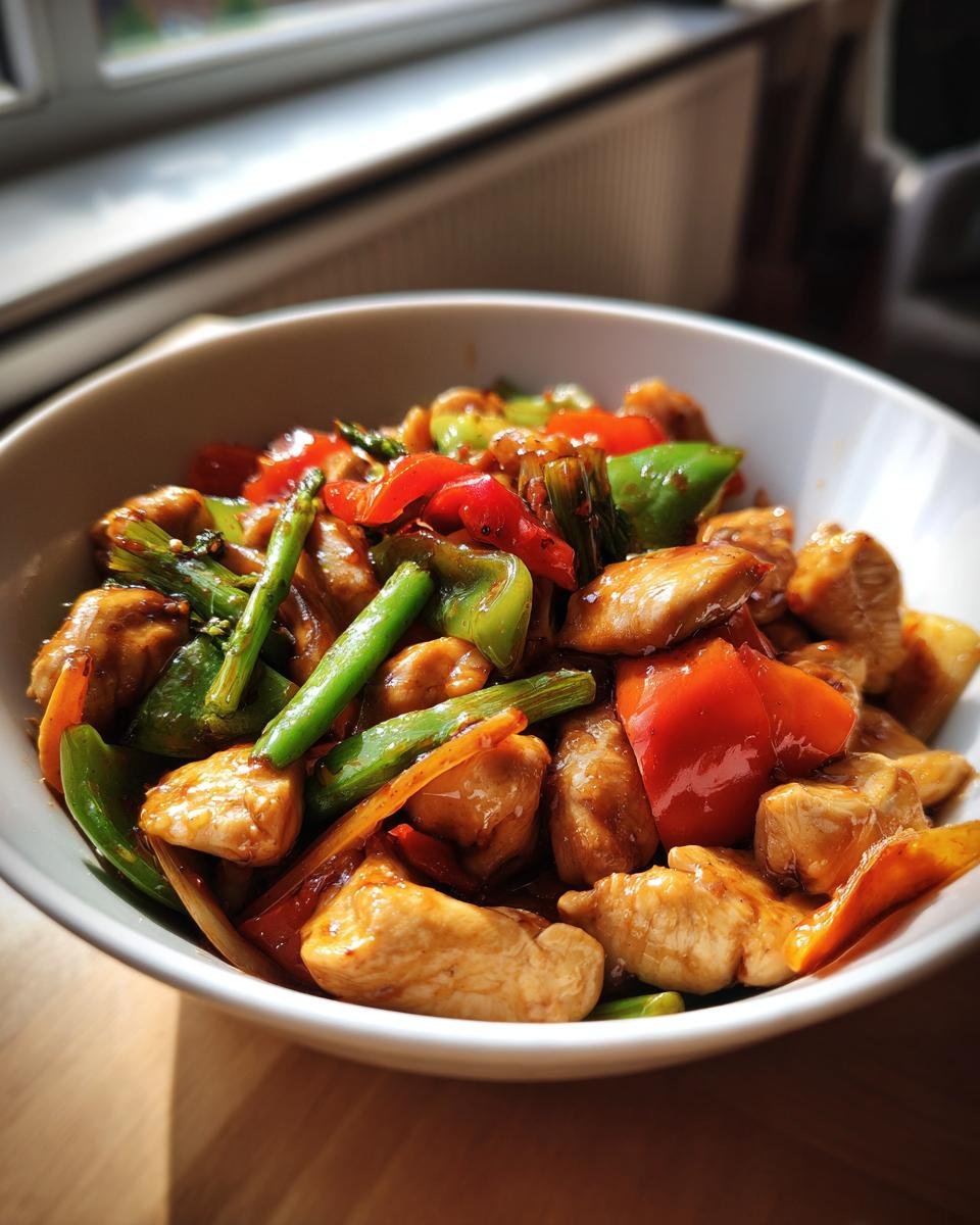 Close-up of a white bowl filled with Irresistible Chicken Stir Fry With Vegetables, featuring tender chicken pieces, vibrant bell peppers, and green beans in a glossy sauce.