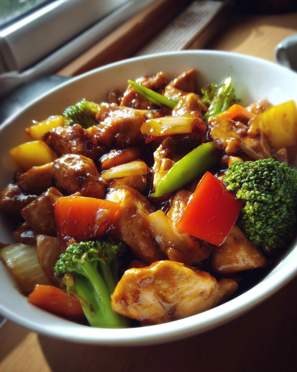 A close-up of Irresistible Chicken Stir Fry With Vegetables, featuring tender chicken pieces and colorful vegetables in a glossy sauce.