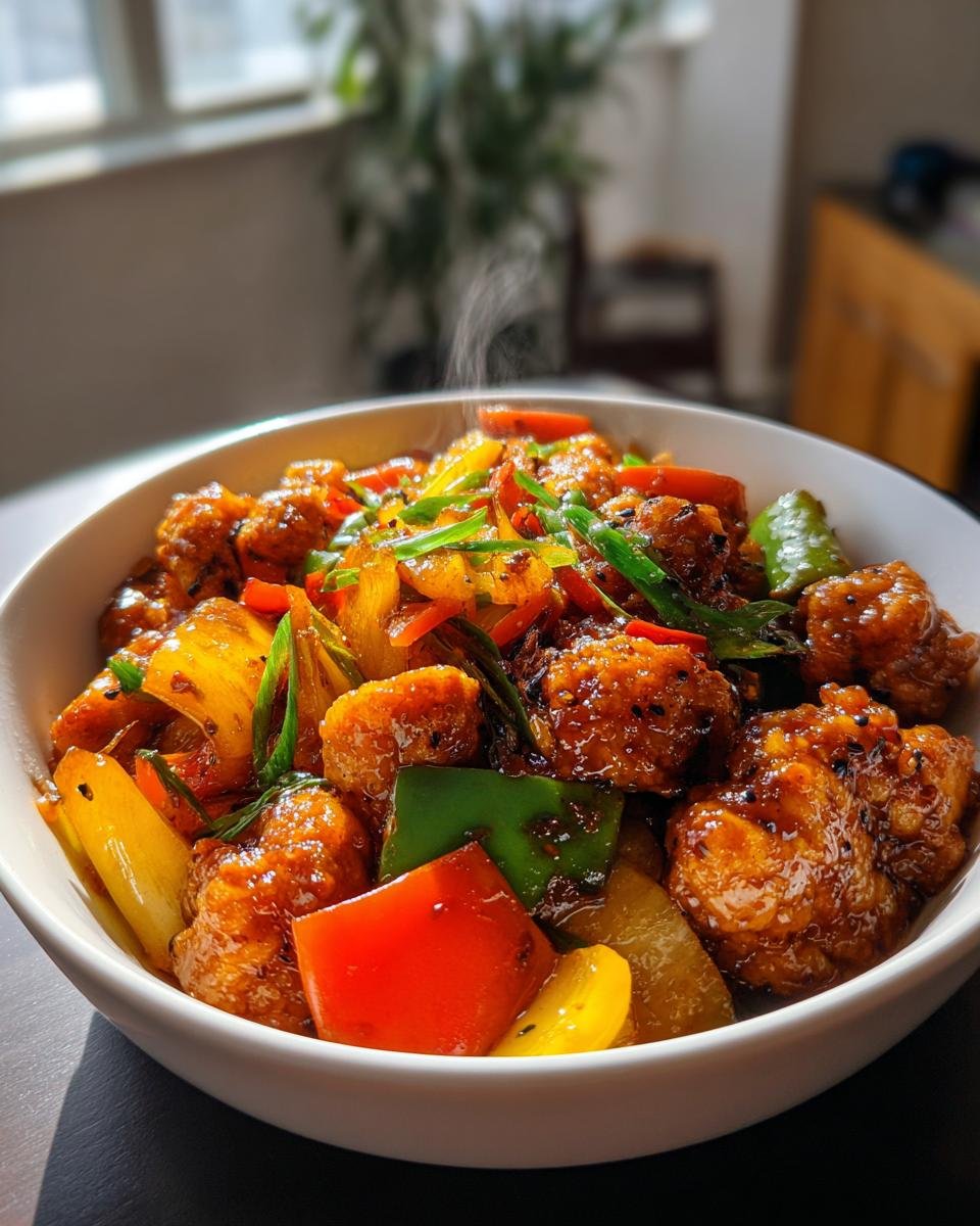 Close-up of a bowl of Irresistible Chicken Stir Fry With Vegetables, featuring crispy chicken pieces and colorful bell peppers.