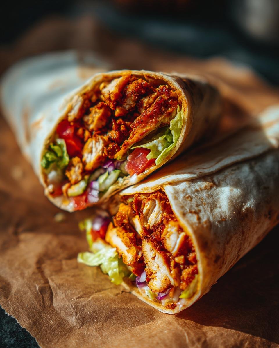 Close-up of two halves of an Irresistible Chicken Wrap, showing seasoned chicken, lettuce, tomato, and red onion.