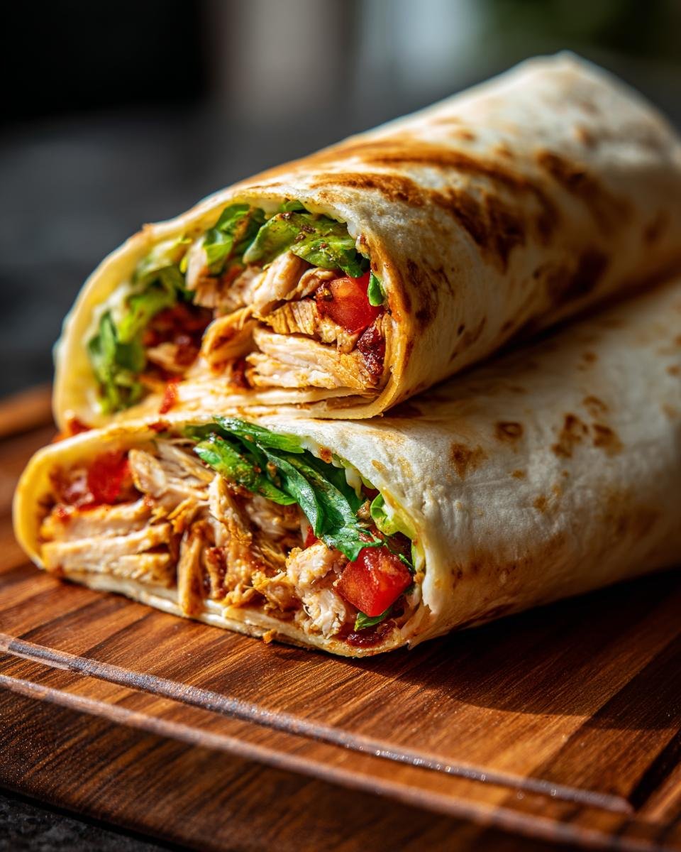 A close-up shot of two irresistible chicken wraps filled with shredded chicken, lettuce, and tomatoes on a wooden board.