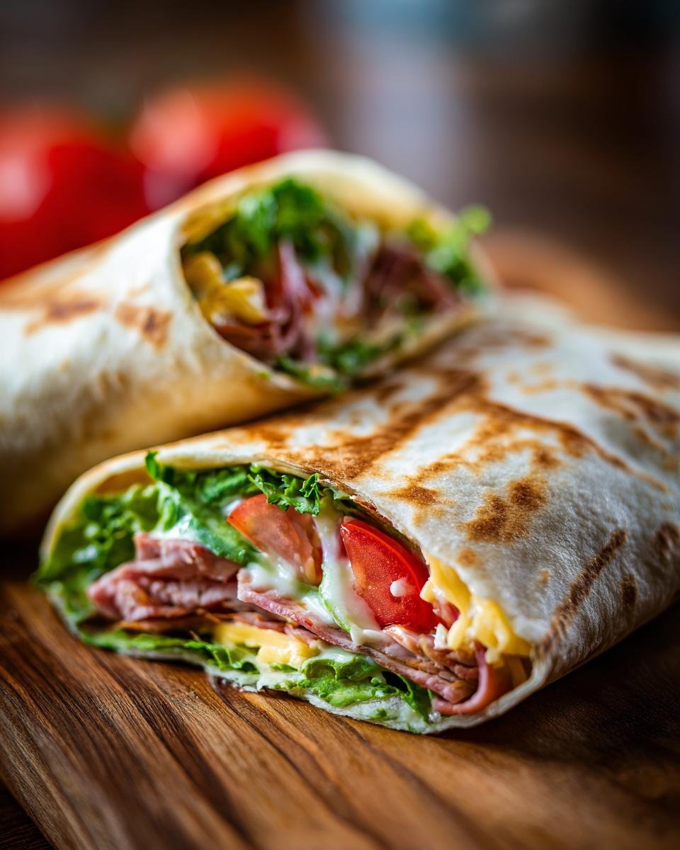 Close-up of Irresistible Chicken Wraps showing layers of chicken, lettuce, tomato, and cheese.