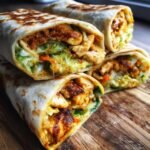 Close-up of Irresistible Chicken Wraps filled with seasoned chicken, fresh lettuce, and shredded carrots on a wooden board.