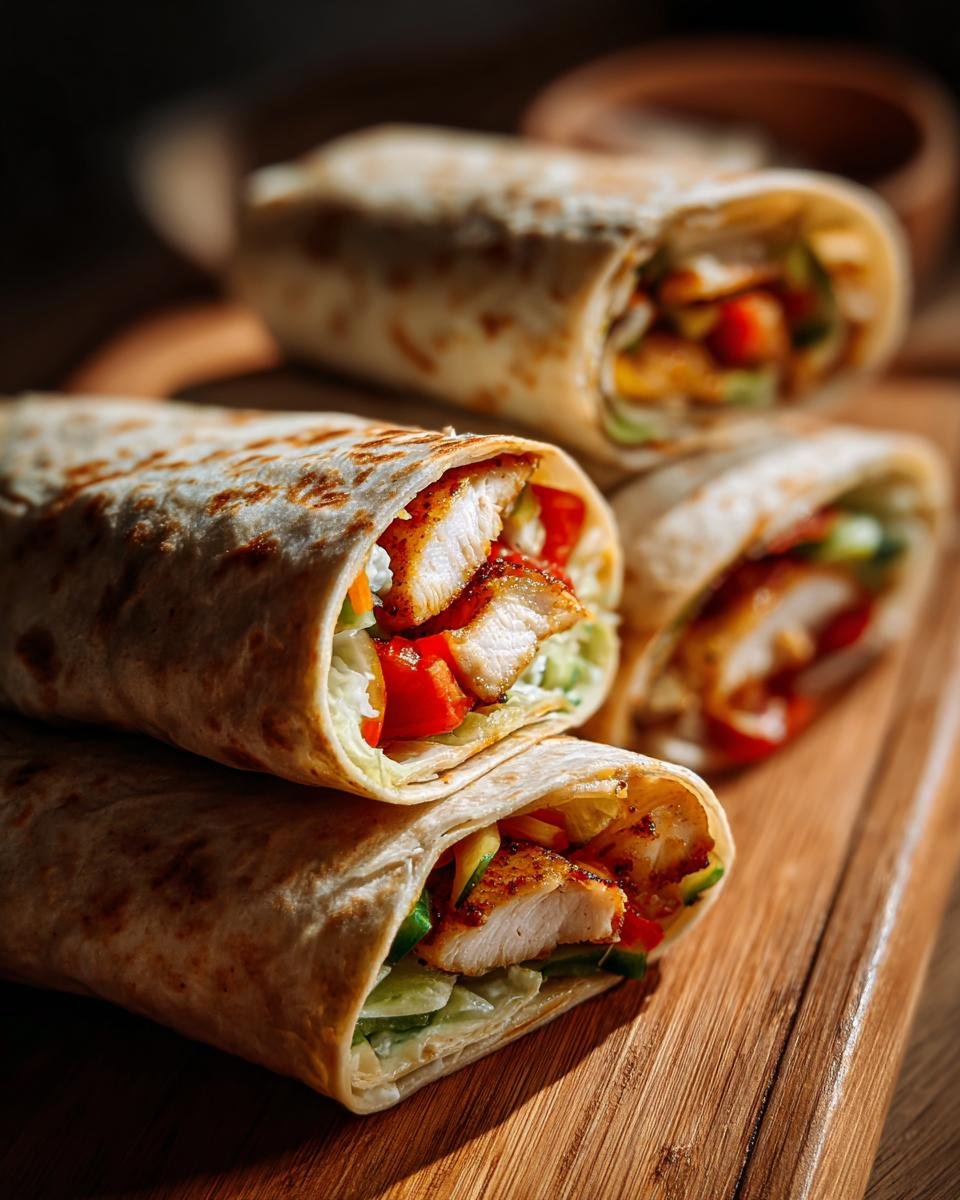 Close-up of Irresistible Chicken Wraps filled with grilled chicken, lettuce, tomatoes, and cucumber on a wooden board.