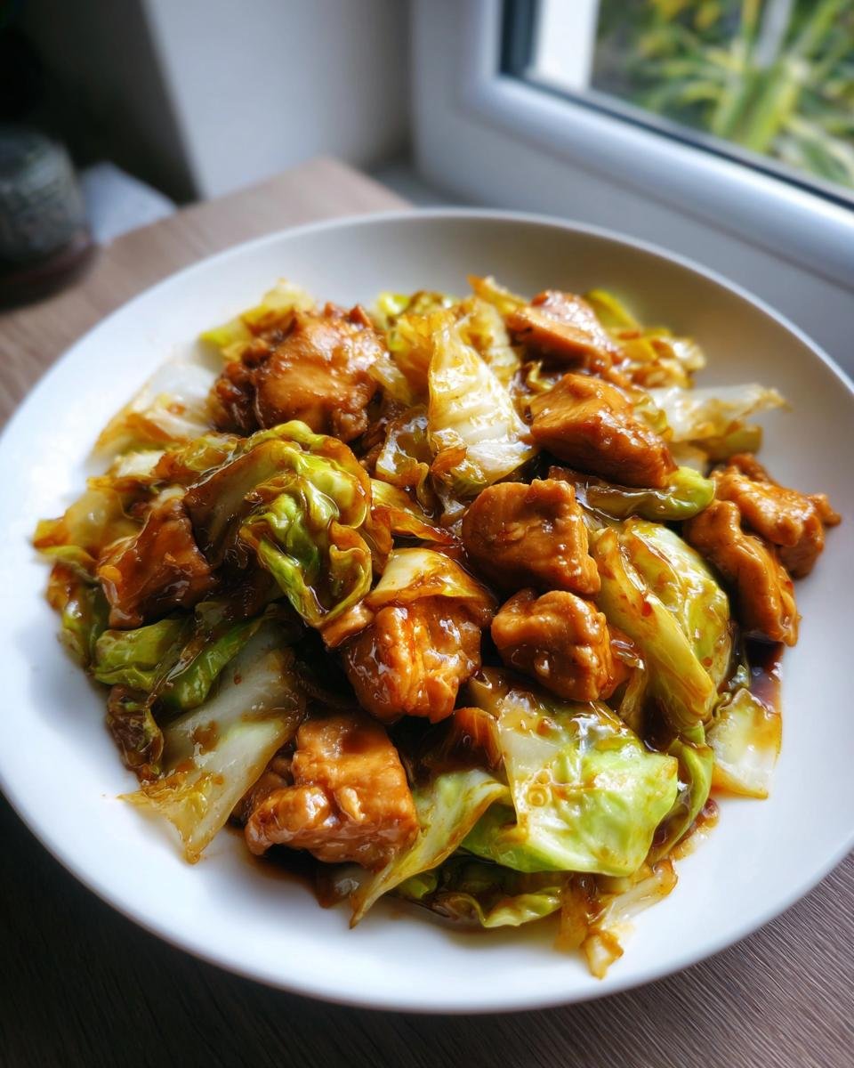 Close-up of Irresistible Chinese Chicken Cabbage Stir Fry in a white bowl, featuring tender chicken pieces and crisp cabbage coated in a savory sauce.