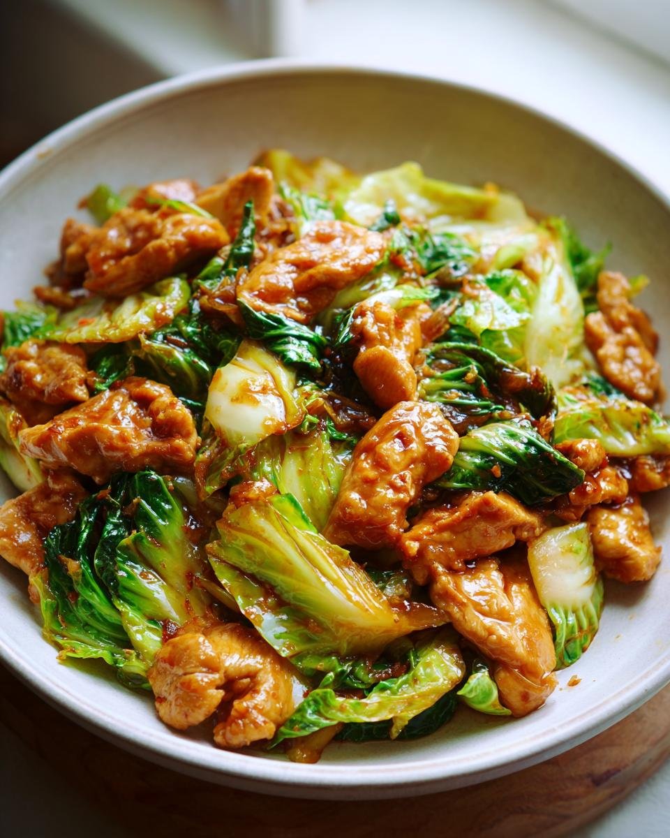 Close-up of Irresistible Chinese Chicken Cabbage Stir Fry in a bowl, featuring tender chicken pieces and crisp cabbage in a savory sauce.
