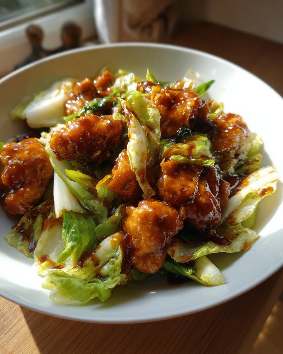 Close-up of Irresistible Chinese Chicken Cabbage Stir Fry in a white bowl, featuring glazed chicken pieces and fresh cabbage.